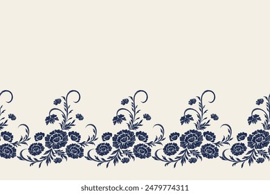 Vintage Floral patterns seamless background border embroidery ethnic batik retro. Peony Flower motifs paisley batik. Indigo flowers ikat design hand drawn. Vector illustration. 