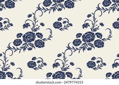 Vintage Floral patterns seamless background border embroidery ethnic batik retro. Peony Flower motifs paisley batik. Indigo flowers ikat design hand drawn. Vector illustration. 