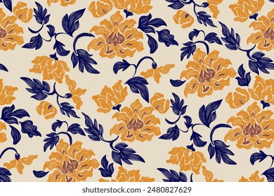 Klassische Blumenmuster nahtlose Hintergrund Grenze Stickerei ethnische Batik retro. Pfingstrosen-Blumen-Motive Paisley. Boho Orange Blumen Aquarell Ikat Design handgezeichnet. Vektorillustration. 