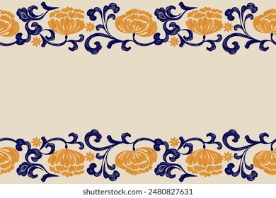 Vintage Floral patterns seamless background border embroidery ethnic batik retro. Peony Flower motifs paisley. Boho orange flowers watercolour ikat design hand drawn. Vector illustration. 