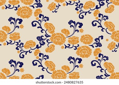 Vintage Floral patterns seamless background border embroidery ethnic batik retro. Peony Flower motifs paisley. Boho orange flowers watercolour ikat design hand drawn. Vector illustration. 