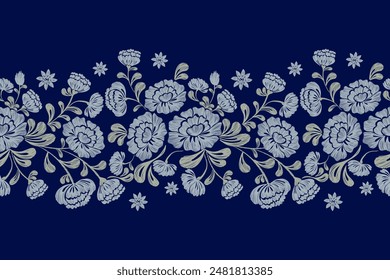 Vintage Floral patterns seamless background border embroidery ethnic batik retro. Peony rose Flower motifs paisley batik. Blue watercolour flowers ikat design hand drawn. Vector illustration. 