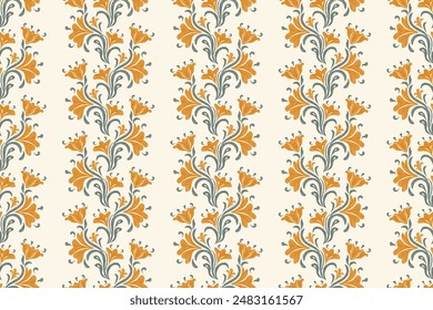 Vintage Floral patterns seamless background border embroidery textured ethnic batik retro. Flower motifs paisley. Boho orange flowers watercolour ikat design hand drawn.
