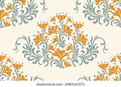 Vintage Floral patterns seamless background border embroidery textured ethnic batik retro. Flower motifs paisley. Boho orange flowers watercolour ikat design hand drawn.
