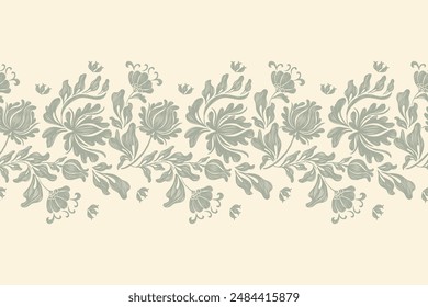 Vintage Floral patterns seamless background border embroidery ethnic batik retro. Flower motifs paisley batik. Green silhouette  watercolour flowers ikat design hand drawn. Vector illustration. 