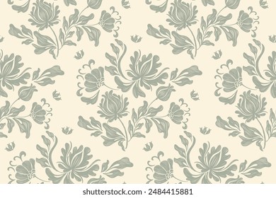 Vintage Floral patterns seamless background border embroidery ethnic batik retro. Flower motifs paisley batik. Green silhouette  watercolour flowers ikat design hand drawn. Vector illustration. 