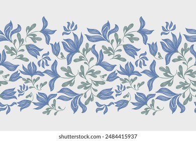 Vintage Floral patterns seamless background border embroidery ethnic batik retro. Flower motifs paisley batik. Blue green watercolour flowers ikat design hand drawn. Vector illustration. 