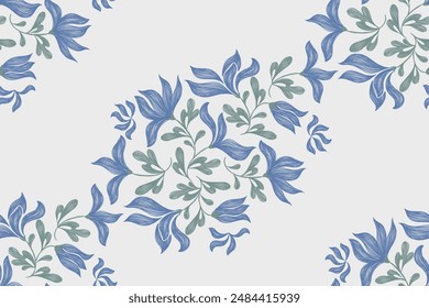 Vintage Floral patterns seamless background border embroidery ethnic batik retro. Flower motifs paisley batik. Blue green watercolour flowers ikat design hand drawn. Vector illustration. 