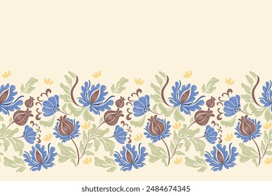 Vintage Floral patterns seamless background border embroidery ethnic batik retro. Flower motifs paisley batik. Blue watercolour flowers ikat design hand drawn. Vector illustration. 