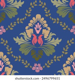 Antiguas Patrones florales bordados de fondo sin fisuras étnicos. Motivos florales paisley batik. Patrón tradicional sin fisuras oriental étnico Ikat. Ilustración vectorial abstracta de estilo azteca