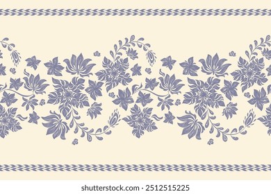 Padrões florais vintage fundo bordado bordado fronteira sem costura étnico batik retro. Flor motivos paisley indigo azul silhueta aquarela flores ikat design mão desenhada. Ilustração vetorial. 