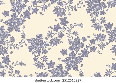 Antiguas Patrones florales bordados de fondo sin fisuras étnico batik retro. Motivos de flores paisley índigo azul silueta acuarela flores ikat diseño dibujado a mano. Ilustración vectorial. 