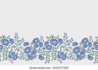 Vintage Floral patterns seamless background border embroidery ethnic batik retro. Flower motifs paisley batik. Blue indigo silhouette  watercolour flowers ikat design hand drawn. Vector illustration. 