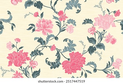 Vintage Floral patterns seamless background embroidered retro. Flower motif. Pink and blue gray flowers design . Vector illustration.