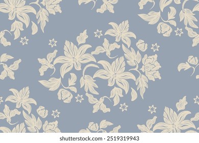 Antiguas Patrones florales bordados de fondo sin fisuras étnico batik retro. Motivos florales paisley batik. Silueta azul índigo acuarela flores ikat diseño dibujado a mano. Ilustración vectorial. 