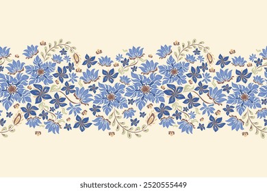 Padrões florais vintage fundo bordado bordado fronteira sem costura étnico batik retro. Flor motivos paisley batik. Azul indigo silhueta aquarela flores ikat design mão desenhada. Ilustração vetorial. 