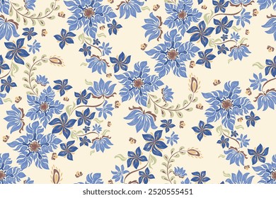 Antiguas Patrones florales bordados de fondo sin fisuras étnico batik retro. Motivos florales paisley batik. Silueta azul índigo acuarela flores ikat diseño dibujado a mano. Ilustración vectorial. 