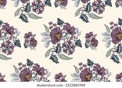 Padrões florais vintage fundo bordado bordado fronteira sem costura étnico batik retro. Flor motivos paisley batik. Azul roxo aquarela flores ikat design mão desenhada. Ilustração vetorial. 