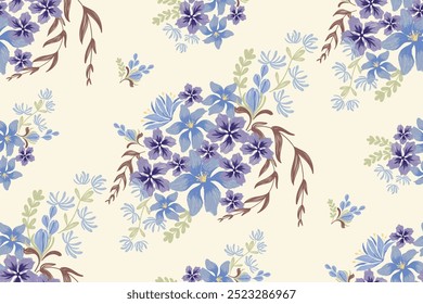 Antiguas Patrones florales bordados de fondo sin fisuras étnico batik retro. Motivos florales paisley batik. Flores de acuarela púrpura azul ikat diseño dibujado a mano. Ilustración vectorial. 