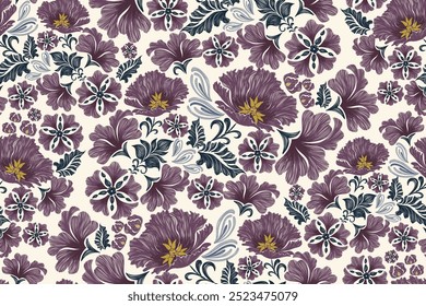 Vintage Floral patterns seamless background border embroidery ethnic batik retro. Flower motifs paisley batik. Blue purple watercolour flowers ikat design hand drawn. Vector illustration. 