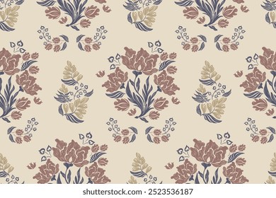 Antiguas Patrones florales bordados de fondo sin fisuras étnico batik retro. Motivos florales paisley batik. Flores de acuarela marrón ikat diseño dibujado a mano. Ilustración vectorial.