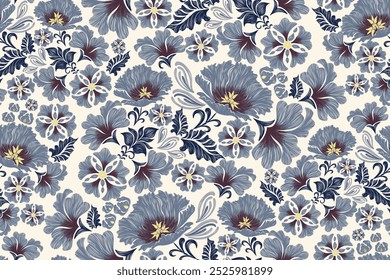 Vintage Blumenmuster nahtlose Hintergrund Grenze Stickerei ethnische Batik Retro. Blumenmotive paisley batik. Blau indigo silhouette wasserfarbe blumen ikat design handgezeichnet. Vektorgrafik. 