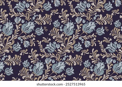 Vintage Blumenmuster nahtlose Hintergrund Grenze Stickerei ethnische Batik Retro. Blumenmotive paisley batik. Blaue Indigo weiße Blumen Kat Design handgezeichnet. Vektorgrafik. 