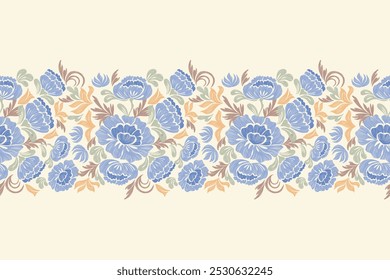 Antiguas Patrones florales bordados de fondo sin fisuras étnico batik retro. Motivos florales paisley batik. Silueta azul acuarela flores ikat diseño dibujado a mano. Ilustración vectorial. 