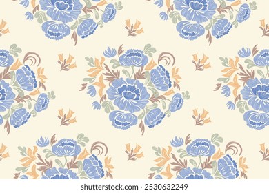 Antiguas Patrones florales bordados de fondo sin fisuras étnico batik retro. Motivos florales paisley batik. Silueta azul acuarela flores ikat diseño dibujado a mano. Ilustración vectorial. 