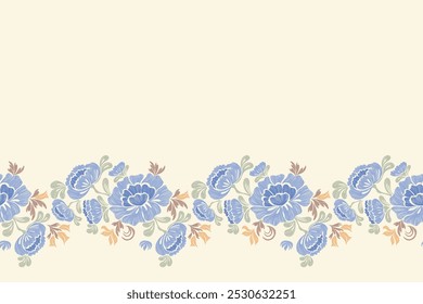 Vintage Floral patterns seamless background border embroidery ethnic batik retro. Flower motifs paisley batik. Blue silhouette  watercolour flowers ikat design hand drawn. Vector illustration. 