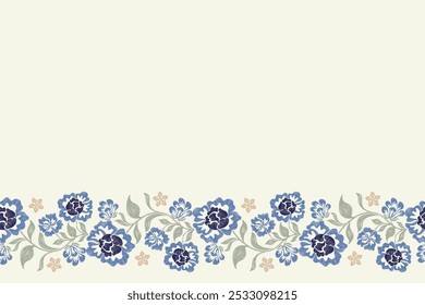 Vintage Blumenmuster nahtlose Hintergrund Grenze Stickerei ethnische Batik Retro. Blumenmotive paisley batik. Blau indigo silhouette wasserfarbe blumen ikat design handgezeichnet. Vektorgrafik. 