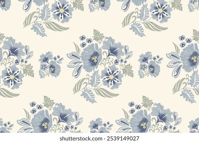 Vintage Floral patterns seamless background border embroidery ethnic batik retro. Flower motifs paisley batik. Blue silhouette  watercolour flowers ikat design hand drawn. Vector illustration.