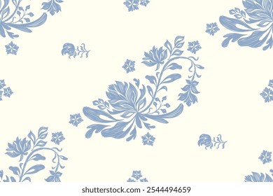 Antiguas Patrones florales bordados de fondo sin fisuras étnico batik retro. Motivos florales paisley batik. Silueta azul acuarela flores ikat diseño dibujado a mano. Ilustración vectorial. 