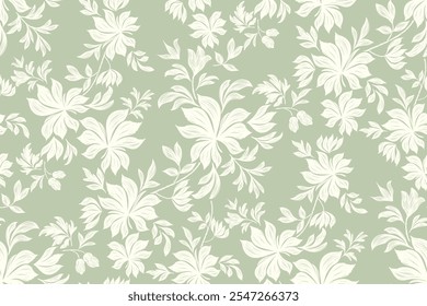 Vintage Floral patterns seamless background border embroidery ethnic batik retro. Flower motifs paisley batik. Green silhouette  watercolour flowers ikat design hand drawn. Vector illustration. 