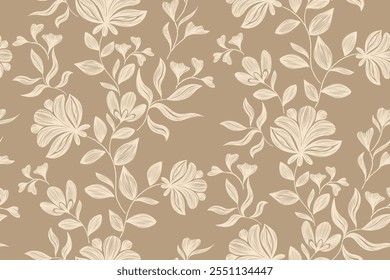 Antiguas Patrones florales bordados de fondo sin fisuras étnico batik retro. Motivos florales paisley batik. Silueta marrón acuarela flores ikat diseño dibujado a mano. Ilustración vectorial. 