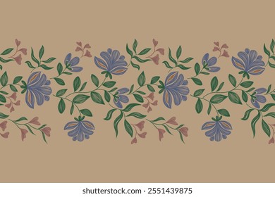 Padrões florais vintage fundo bordado bordado fronteira sem costura étnico batik retro. Flor motivos paisley batik. Silhueta azul aquarela flores ikat design mão desenhada. Ilustração vetorial. 