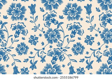 Vintage Floral patterns seamless background border embroidery ethnic batik retro. Flower motifs paisley batik. Blue silhouette  watercolour flowers ikat design hand drawn. Vector illustration. 