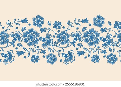 Vintage Floral patterns seamless background border embroidery ethnic batik retro. Flower motifs paisley batik. Blue silhouette  watercolour flowers ikat design hand drawn. Vector illustration. 