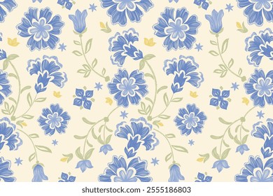 Vintage Floral patterns seamless background border embroidery ethnic batik retro. Flower motifs paisley batik. Blue silhouette  watercolour flowers ikat design hand drawn. Vector illustration. 