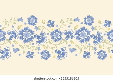 Vintage Floral patterns seamless background border embroidery ethnic batik retro. Flower motifs paisley batik. Blue silhouette  watercolour flowers ikat design hand drawn. Vector illustration. 