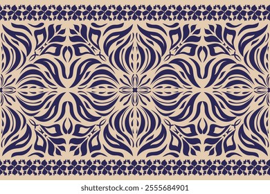 Vintage Floral patterns seamless background border embroidery ethnic batik retro. Flower motifs paisley batik. Blue indigo  silhouette  watercolour flowers ikat design hand drawn. Vector illustration.
