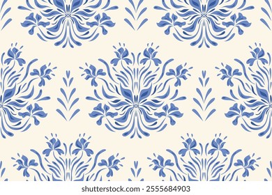 Vintage Floral patterns seamless background border embroidery ethnic batik retro. Flower motifs paisley batik. Blue indigo  silhouette  watercolour flowers ikat design hand drawn. Vector illustration.