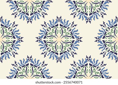 Vintage Floral patterns seamless background border embroidery ethnic batik retro. Flower motifs paisley batik. Blue silhouette  watercolour flowers ikat design hand drawn. Vector illustration. 