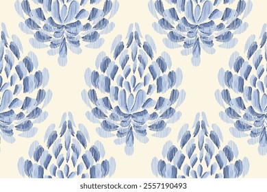 Vintage Floral patterns seamless background border embroidery ethnic batik retro. Flower motifs paisley batik. Blue silhouette  watercolour flowers ikat design hand drawn. Vector illustration. 