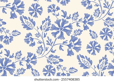 Vintage Floral patterns seamless background border embroidery ethnic batik retro. Flower motifs paisley batik. Blue silhouette  watercolour flowers ikat design hand drawn. Vector illustration. 