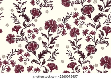 Vintage Floral patterns seamless background border embroidery ethnic batik retro. Flower motifs paisley batik. Burgundy purple watercolour flowers ikat design hand drawn. Vector illustration. 