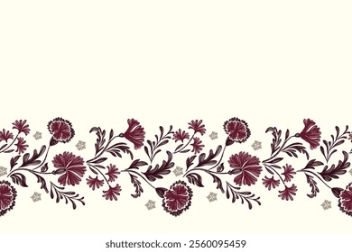 Vintage Floral patterns seamless background border embroidery ethnic batik retro. Flower motifs paisley batik. Burgundy purple watercolour flowers ikat design hand drawn. Vector illustration. 