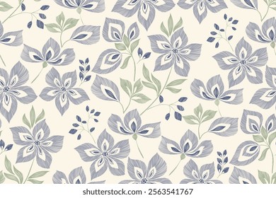 Vintage Floral patterns seamless background border embroidery ethnic batik retro. Flower motifs paisley batik. Blue silhouette  watercolour flowers ikat design hand drawn. Vector illustration. 