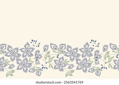 Vintage Floral patterns seamless background border embroidery ethnic batik retro. Flower motifs paisley batik. Blue silhouette  watercolour flowers ikat design hand drawn. Vector illustration. 