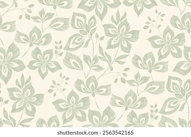 Vintage Floral patterns seamless background border embroidery ethnic batik retro. Flower motifs paisley batik. Green silhouette  watercolour flowers ikat design hand drawn. Vector illustration. 